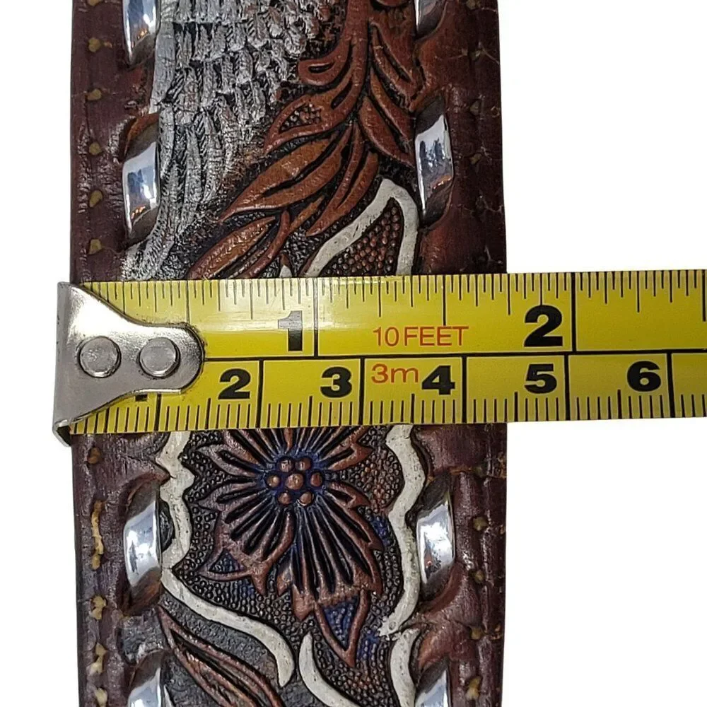 Handcrafted Brown Western Leather Belt Hand Painted Silver Eagle Embossing‎ 32